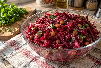 Салат из свёклы и горошка с необычной заправкой: нежно, сочно и без майонеза