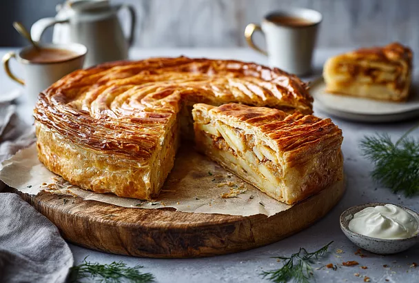 Хрустящий слоёный пирог с курицей и картошкой: готовлю за полчаса, съедают за 10 минут