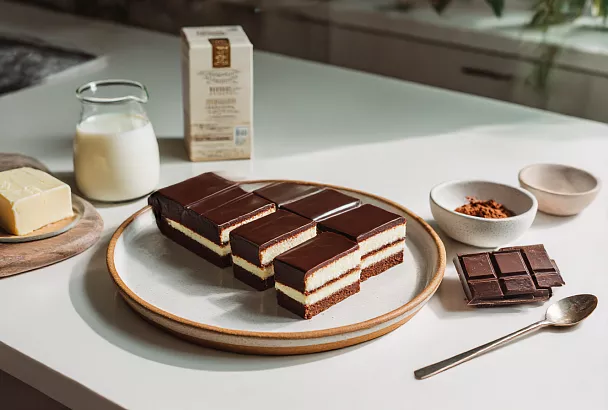 Разрезаю шоколадный корж пополам, заливаю молочный слой — и получается «молочный ломтик», как в детстве!