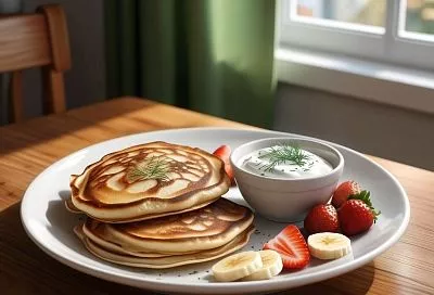 Пышные оладьи с кремовой начинкой и ягодами — идеальный завтрак