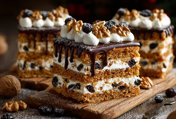 Медовый торт с черносливом и орехами: добавила мёд в бисквит, и коржи получились сочными с карамельным ароматом