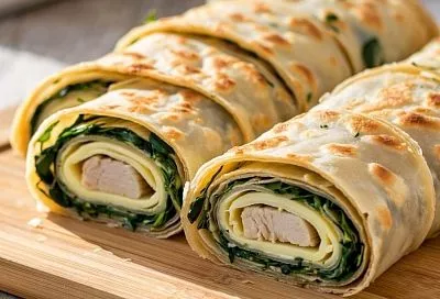 Пирог-рулет из тонкого лаваша с индейкой, луком-пореем, шпинатом и рисом — универсальное блюдо, заменит и закуску, и ароматную выпечку
