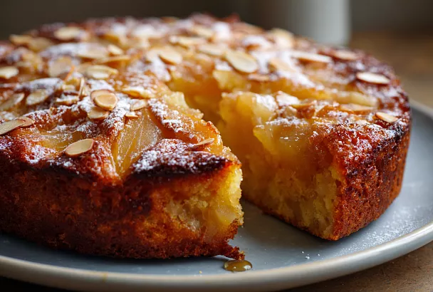 Пирог с консервированными грушами и миндалём: сочный, домашний, с лёгким сливочным шиком