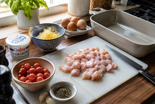 Беру куриную грудку, яйца и сметану: запекаю под сыром так, что мясо выходит сочным 