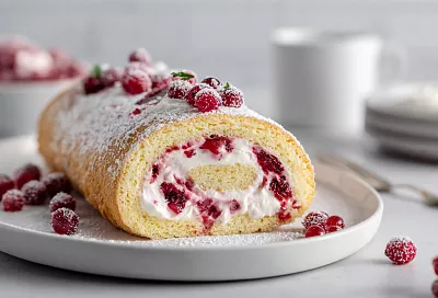 Ягодный бисквитный рулет-суфле: воздушный, нежный, с брусникой за 1 час