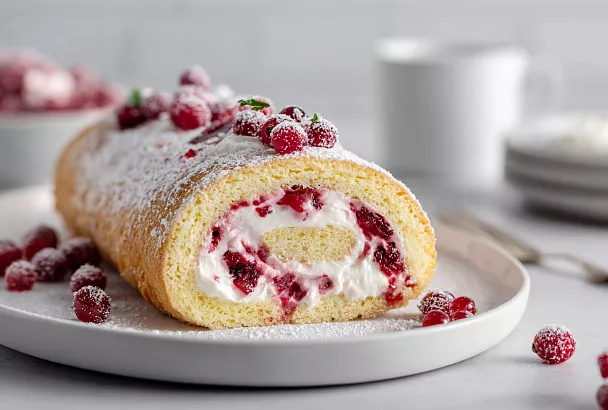 Ягодный бисквитный рулет-суфле: воздушный, нежный, с брусникой за 1 час