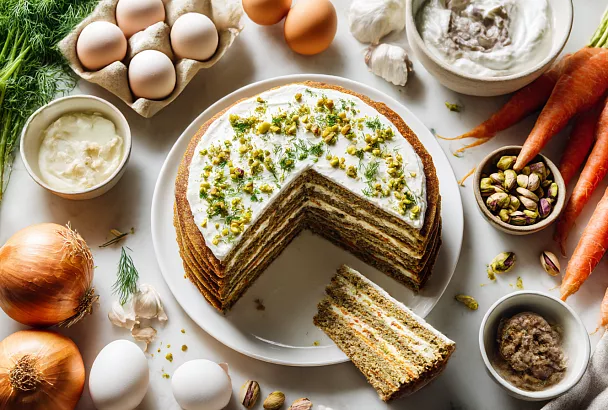 Делаю печёночные коржи, промазываю сливочно-сметанным кремом — и получается закусочный торт для праздника