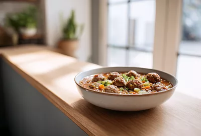 Суп с фрикадельками, чечевицей и кабачками стал сытнее и ароматнее: копчёная паприка и хмели-сунели дают лёгкий дымный вкус, а фрикадельки остаются нежными