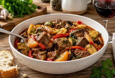 Сначала тушу мясо, потом добавляю овощи слоями: рагу получается нежным и не превращается в кашу