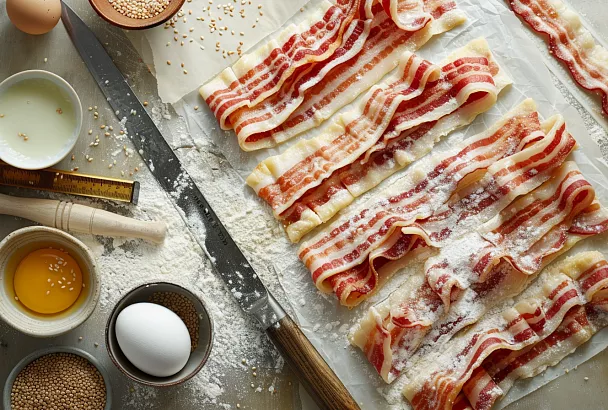 Быстрые слойки с беконом без суеты: щепотка сахара для карамели