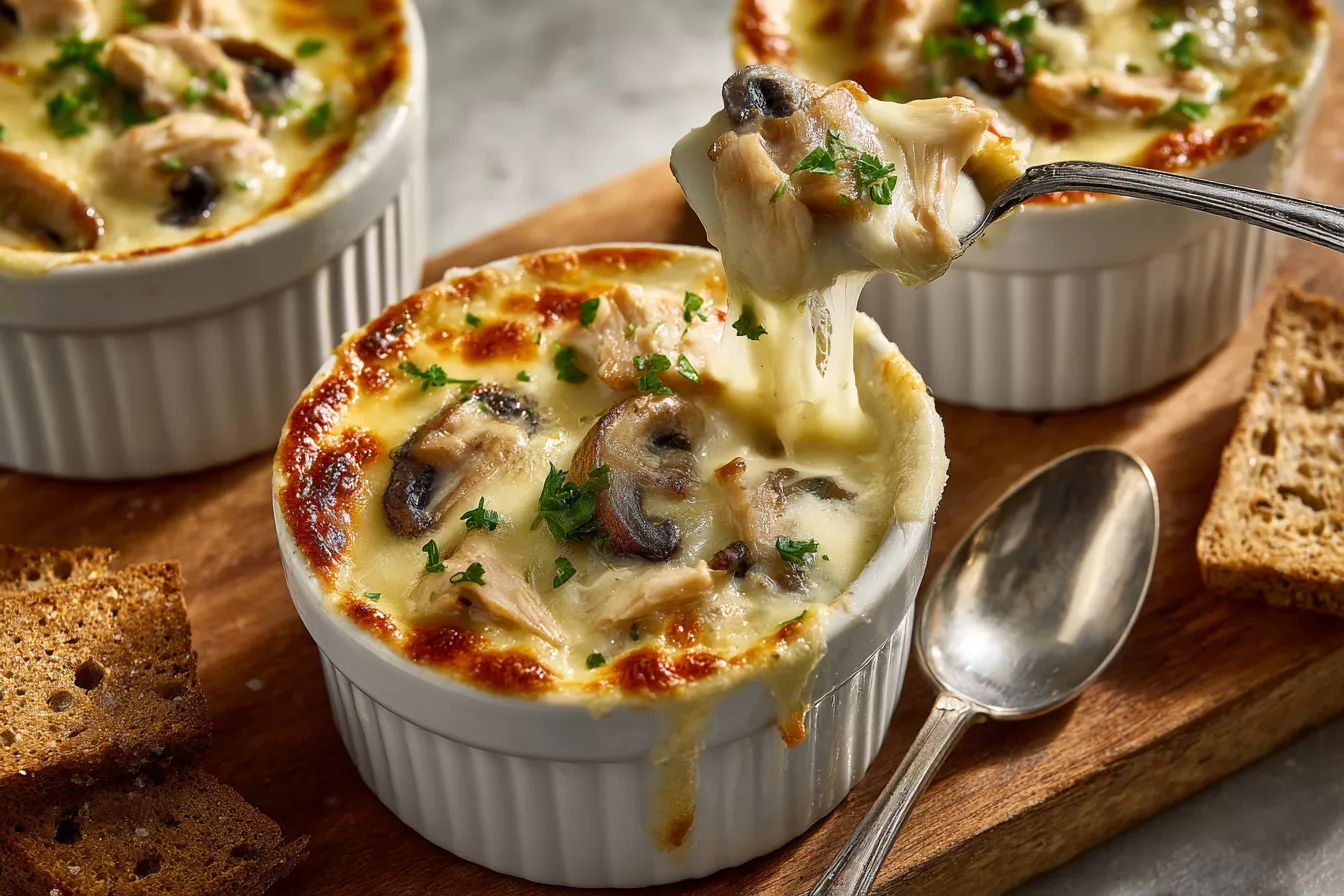 Жюльен с курицей и грибами: насыщенный соус, тянущийся сыр и хрустящий хлеб