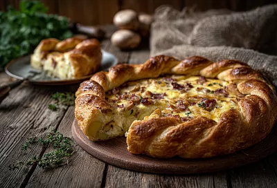 Картофельный заливной тарт: нежное тесто, копчёная начинка и сметанная заливка 