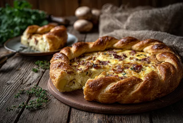 Картофельный заливной тарт: нежное тесто, копчёная начинка и сметанная заливка 