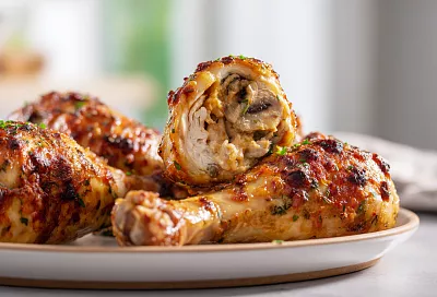 Готовлю фаршированные куриные голени по-гавайски: сочное мясо с ананасом и грибами под сырной корочкой