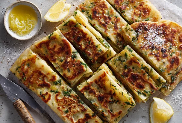 Турецкие лепёшки с картофелем, зелёным луком и петрушкой (гёзлеме)