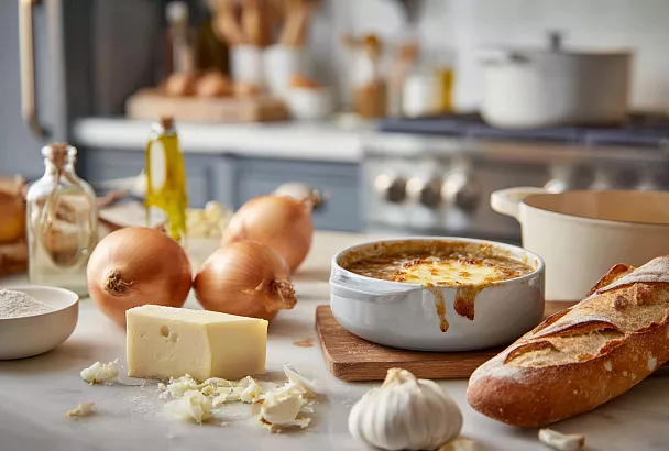 Французский луковый суп: хрустящий сыр и карамелизованный лук за 30 минут