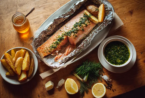 Смазываю горбушу маслом с зеленью и запекаю в фольге — получается сочная и нежная рыба, как будто не сухая вовсе