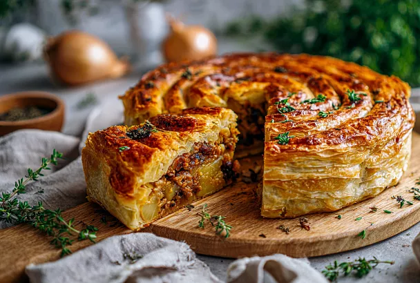 Слоёный мясной пирог с картофелем, который я готовлю через день — сочный и очень вкусный