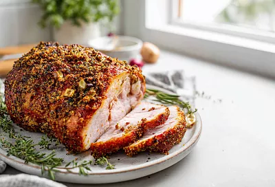 Запечённый свиной окорок не будет сухим: засолила на ночь, и через 3 часа на столе сочная буженина с хрустящей корочкой