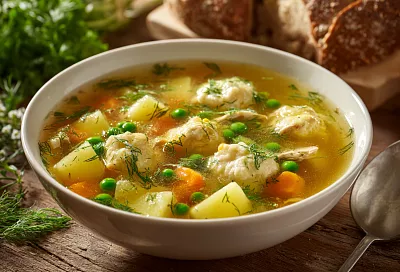 Суп с сырными клёцками за 40 минут! Курица, горошек, ароматный бульон – дети просят добавки!