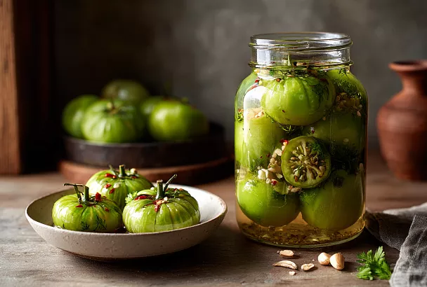 Квашеные зелёные помидоры с чесноком: простой способ до Нового года