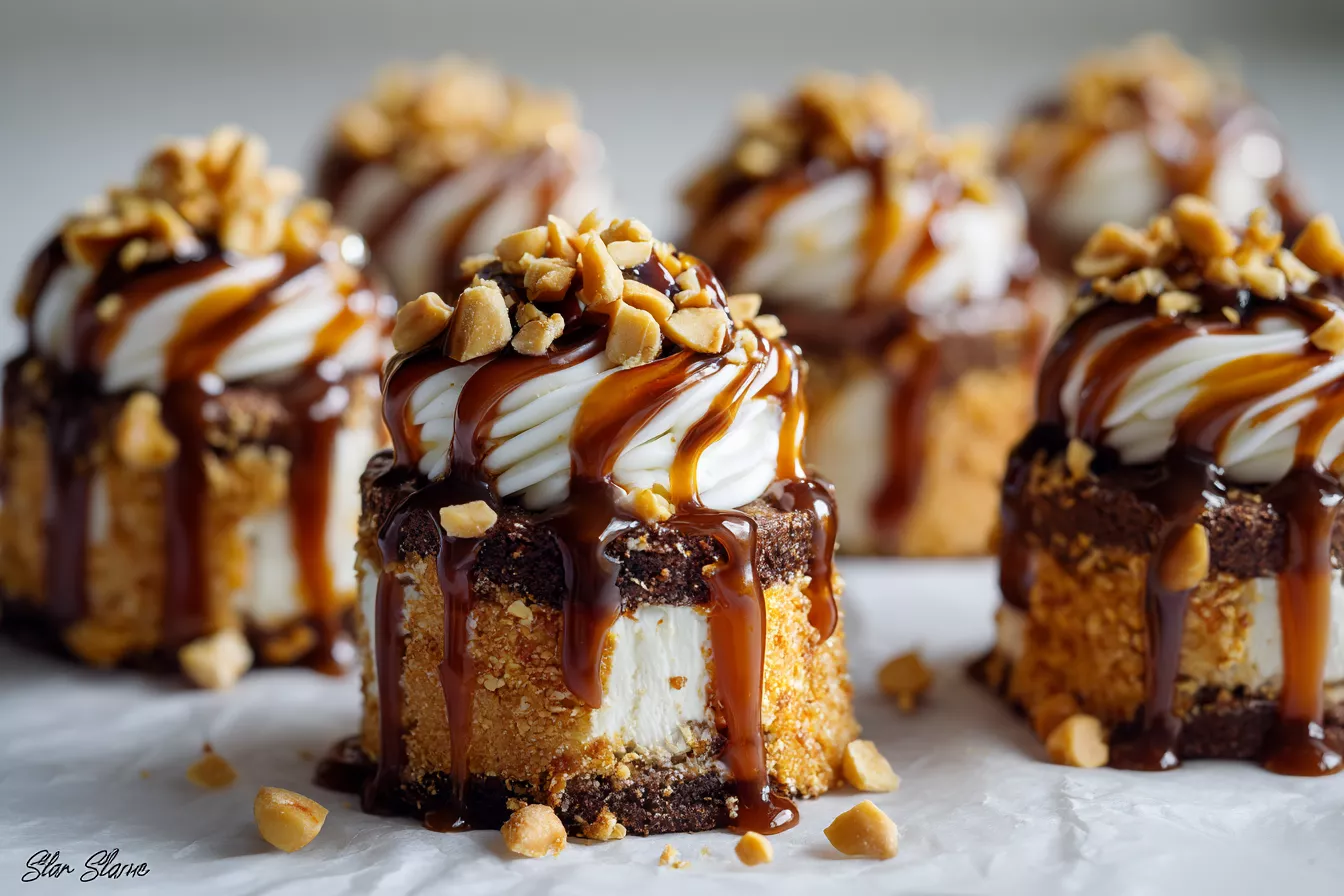 Пирожные «Сникерс» из шоколадного бисквита с карамелью и арахисом