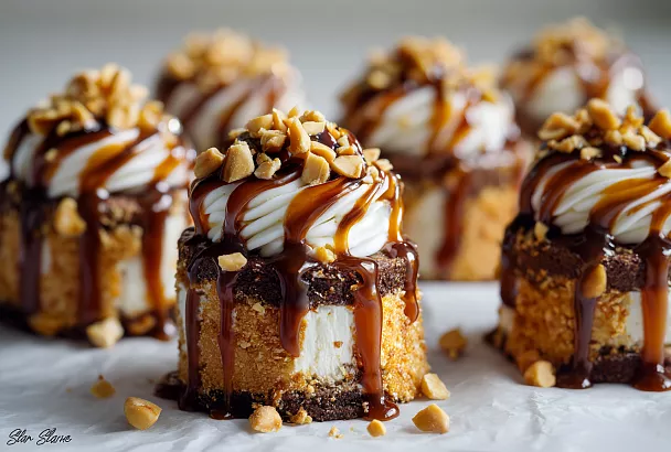 Пирожные «Сникерс» из шоколадного бисквита с карамелью и арахисом