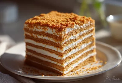 Медовик с карамельным вкусом стал ярче и сочнее: нагрели мёд с содой, и коржи приобрели насыщенный медовый аромат