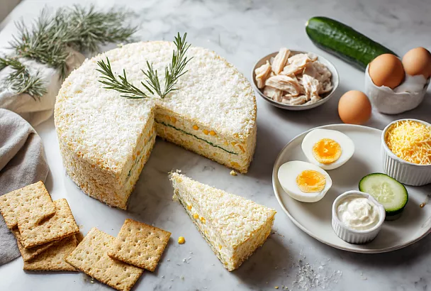 Закусочный торт из крекеров с копчёным окорочком — съедят первым