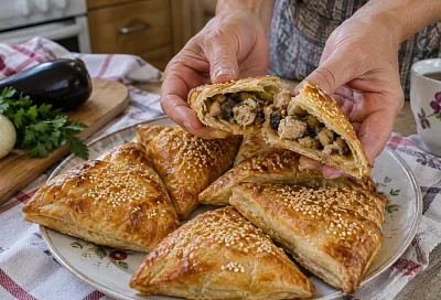 Слоёные пирожки с курицей и синенькими: сворачиваю тесто рулетом для тонких слоёв