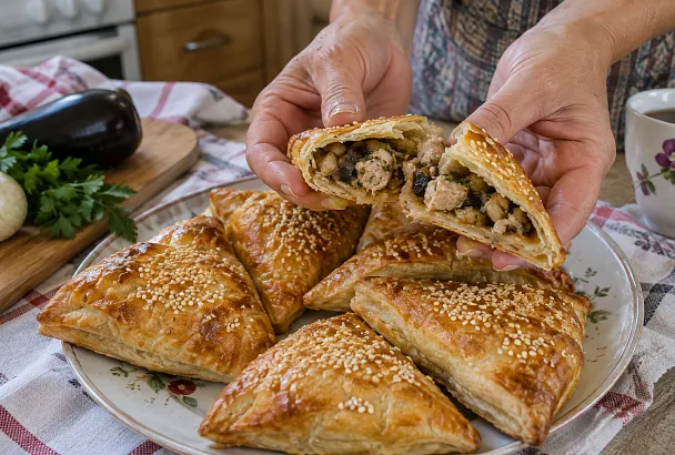 Слоёные пирожки с курицей и синенькими: сворачиваю тесто рулетом для тонких слоёв