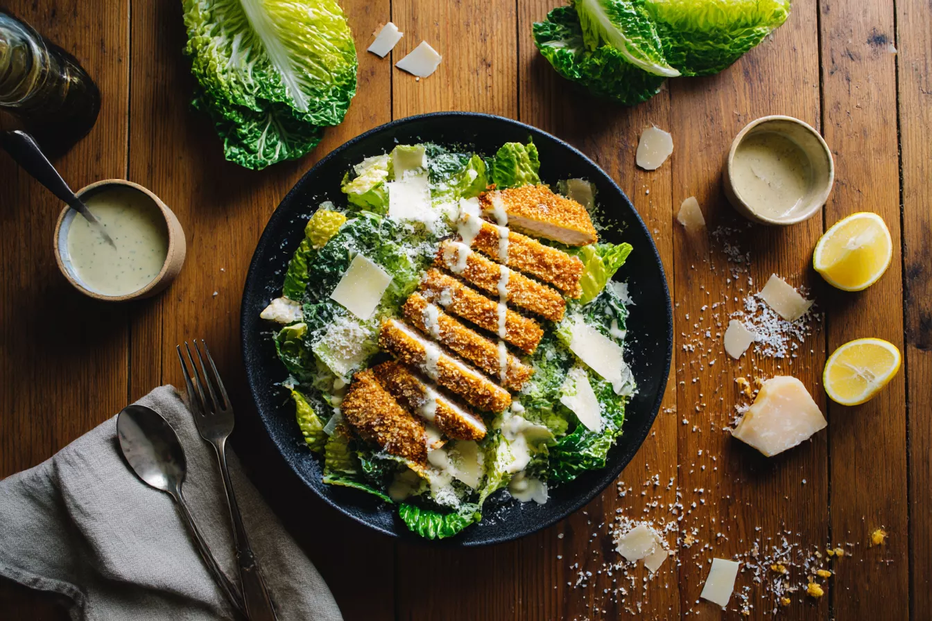 Куриный шницель в стиле «Цезарь»: салат и горячее на одной тарелке