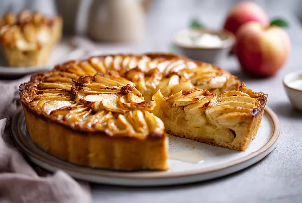 Яблочный пирог в йогуртовой заливке сочнее, чем шарлотка: залила готовый пирог отложенной смесью, и тесто пропиталось идеально