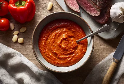 Запекаю томаты с чесноком и луком, пробиваю с миндалём и перцами — и готов мой любимый соус мск к любому мясу