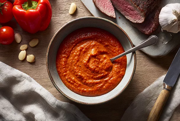 Запекаю томаты с чесноком и луком, пробиваю с миндалём и перцами — и готов мой любимый соус мск к любому мясу