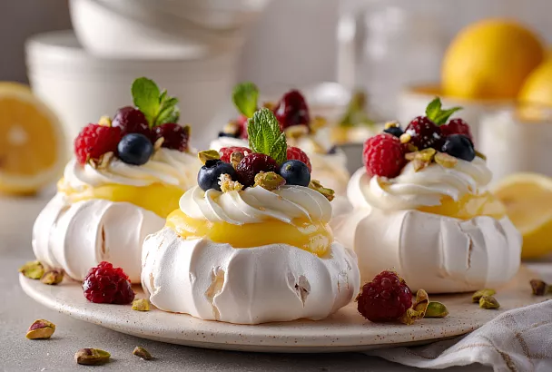 Мини-Павлова с лимонным курдом, от которой невозможно оторваться: хруст снаружи, нежная тянучка внутри и яркая освежающая начинка