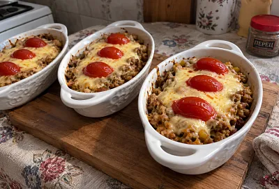 Пастуший пирог порционно: выкладываю куриный фарш на пюре и запекаю под сыром