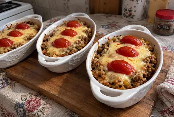 Пастуший пирог порционно: выкладываю куриный фарш на пюре и запекаю под сыром