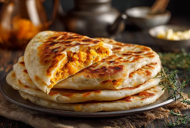 Чеченский хингалш с тыквой: тонкие лепёшки, нежное пюре с чабрецом и хрустящий лук – аромат Кавказа, который покоряет с первого кусочка!