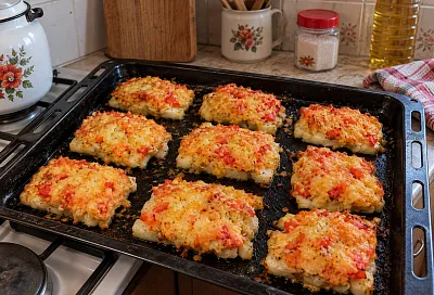 Накрываем минтай помидором, сыром и крабовыми палочками: рыба выходит нежной и сочной