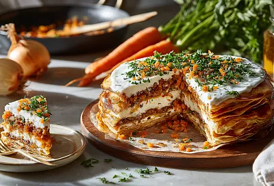 Печёночный торт с морковью и луком – эффектная закуска на праздник за час