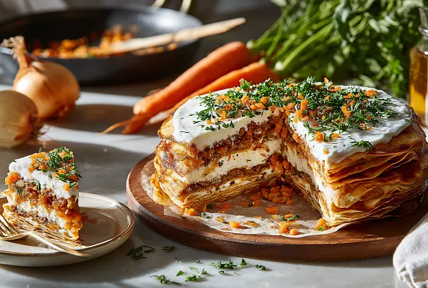 Печёночный торт с морковью и луком – эффектная закуска на праздник за час