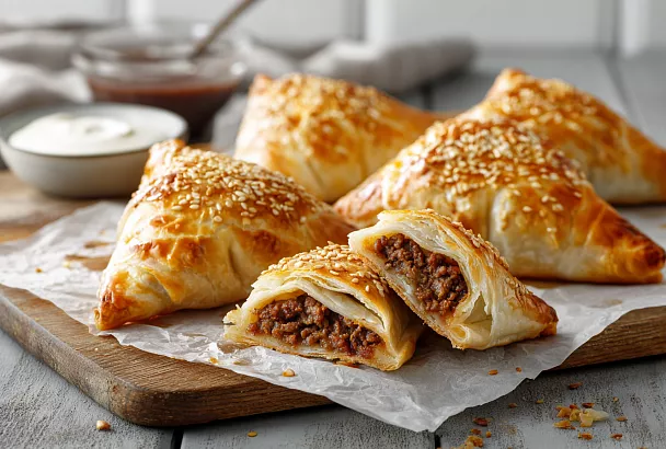 Слоёная самса с мясом в духовке: бездрожжевое тесто, сочная начинка с луком 