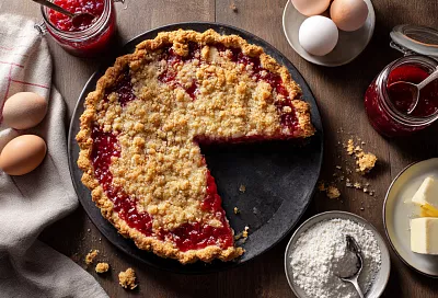 Натираю тесто на тёрке, кладу клубничный джем — и получается роскошный тёртый пирог с хрустящей крошкой