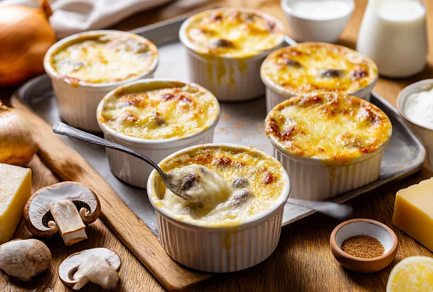 Обжариваю грибы с луком, варю густой бешамель без комков — и жульен получается сливочным, без единой капли жидкости