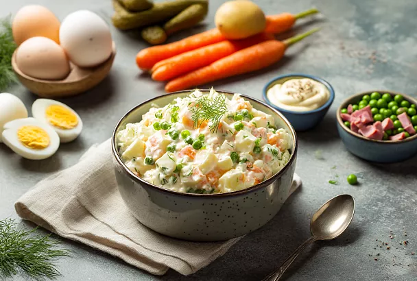 Рублю всё кубиками, смешиваю по проверенной формуле — и на столе идеальный новогодний Оливье, который хвалят все гости