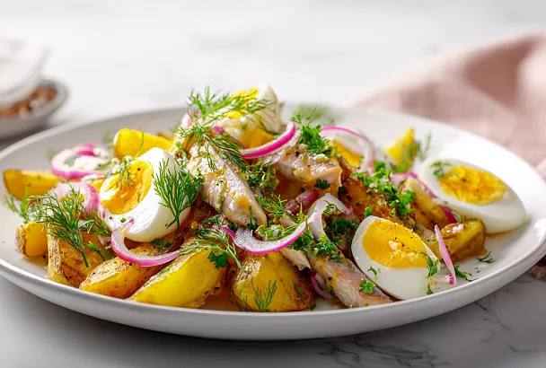 Картофельный салат с селёдкой: сытный и очень вкусный домашний рецепт