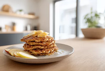 Полезные оладьи с яблоком и овсянкой: мёд даёт лёгкую карамельную нотку, а яблоко с кожурой — витамины и яркий вкус