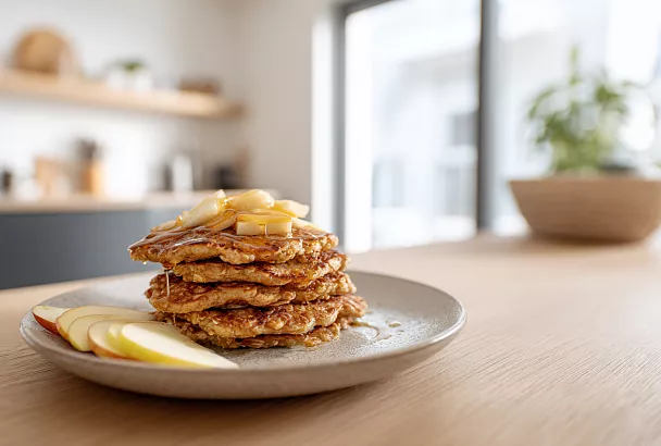 Полезные оладьи с яблоком и овсянкой: мёд даёт лёгкую карамельную нотку, а яблоко с кожурой — витамины и яркий вкус