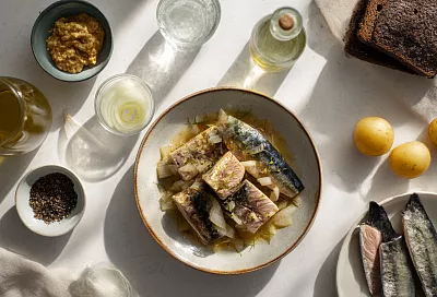 Заливаю кусочки скумбрии уксусом на 30 минут, потом лук с горчицей — и через полчаса на столе малосольная рыбка вкуснее красной